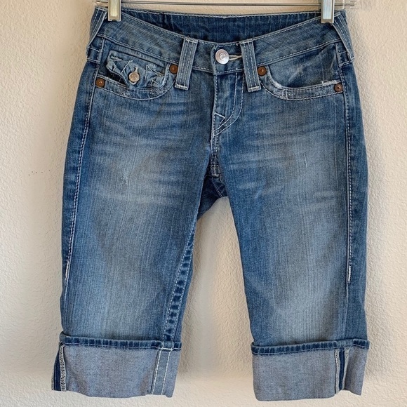 True Religion Distressed Sophie Denim Bermuda Shorts Blue Women’s Size 25 - Picture 2 of 13